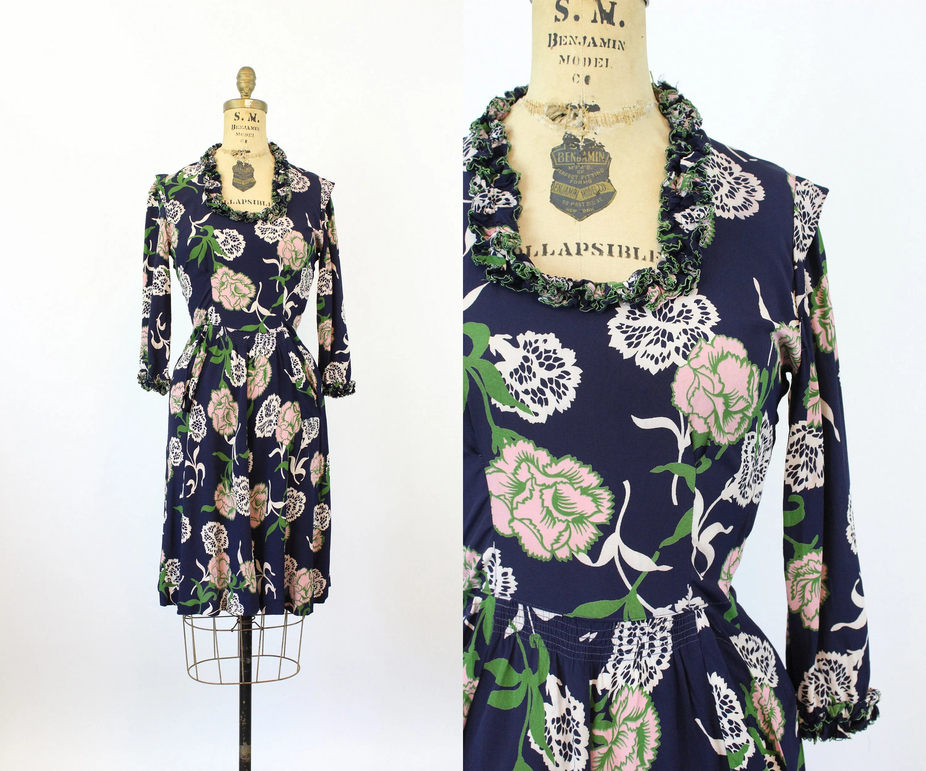 1930s 1940s PINK CARNATION rayon floral dress xs | new fall
