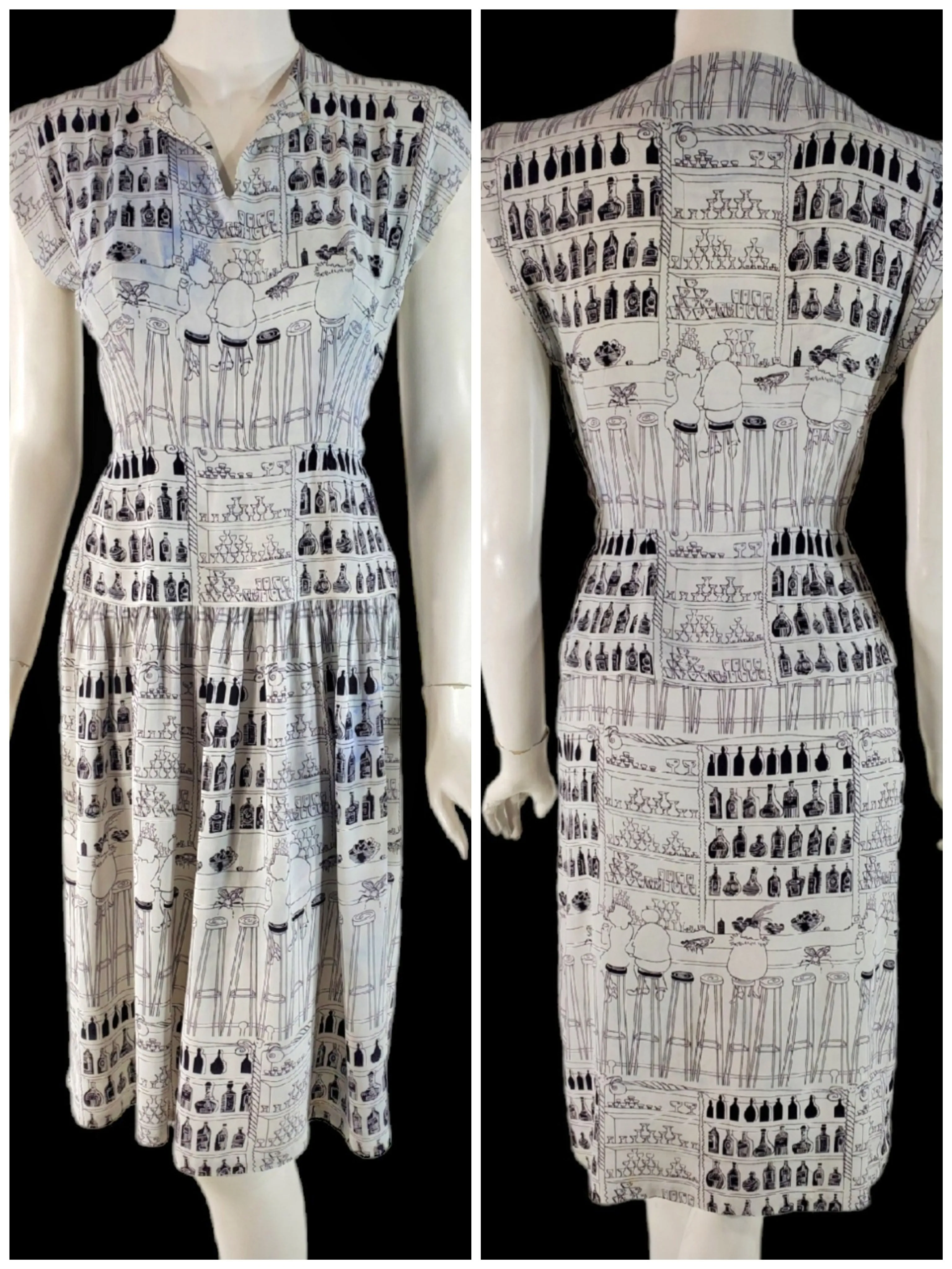 40s Novelty Print Barfly Peplum Dress