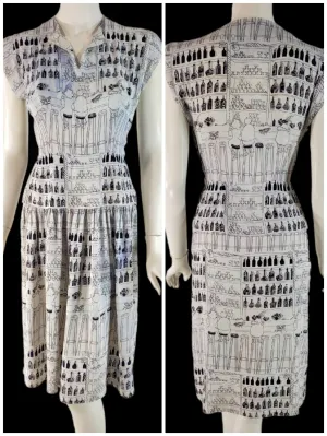 40s Novelty Print Barfly Peplum Dress