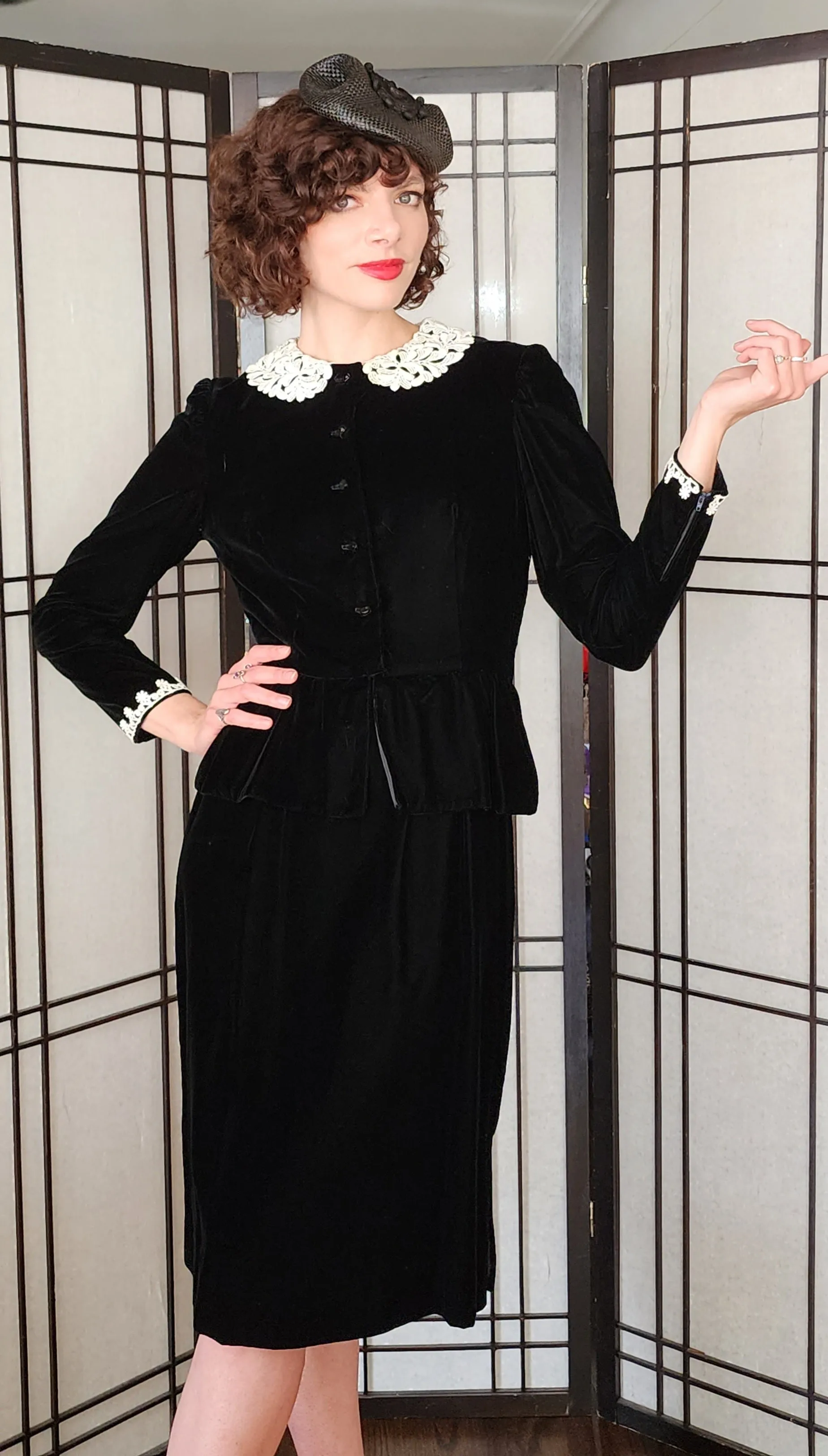 80s Black Velvet Dress White Lace Collar Joan Leslie Kasper
