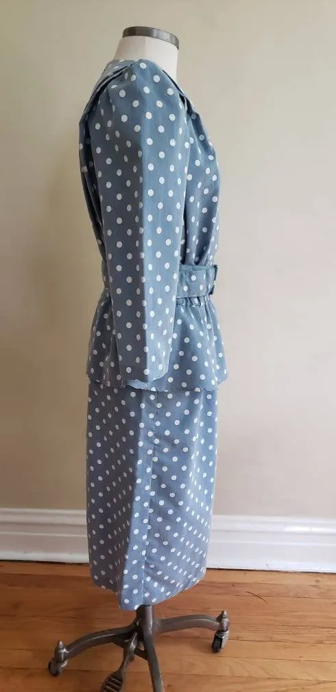 80s Does 40s Blue Polkadot Dress with Peplum   Belt / 80s Summer Dress Baby Blue White Cotton Print Just Ducky / L