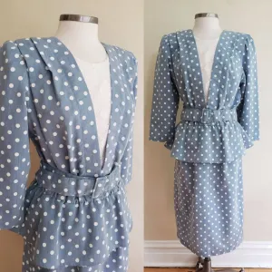 80s Does 40s Blue Polkadot Dress with Peplum   Belt / 80s Summer Dress Baby Blue White Cotton Print Just Ducky / L
