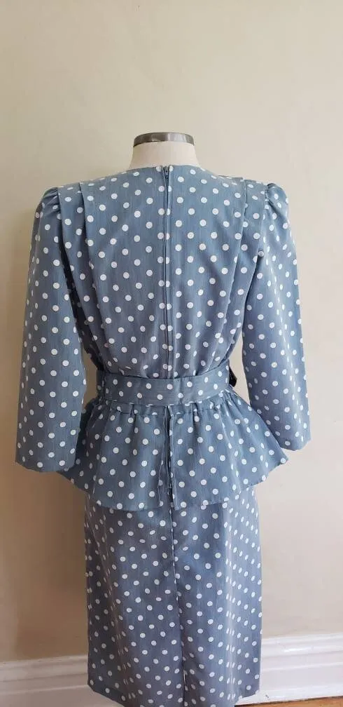 80s Does 40s Blue Polkadot Dress with Peplum   Belt / 80s Summer Dress Baby Blue White Cotton Print Just Ducky / L