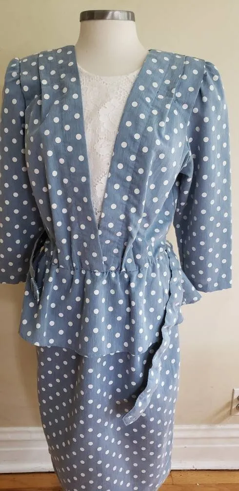 80s Does 40s Blue Polkadot Dress with Peplum   Belt / 80s Summer Dress Baby Blue White Cotton Print Just Ducky / L