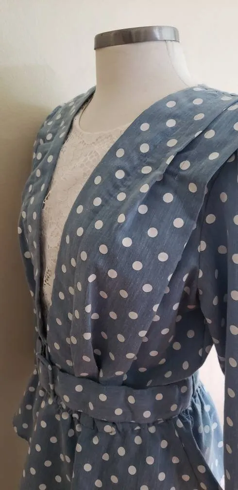 80s Does 40s Blue Polkadot Dress with Peplum   Belt / 80s Summer Dress Baby Blue White Cotton Print Just Ducky / L