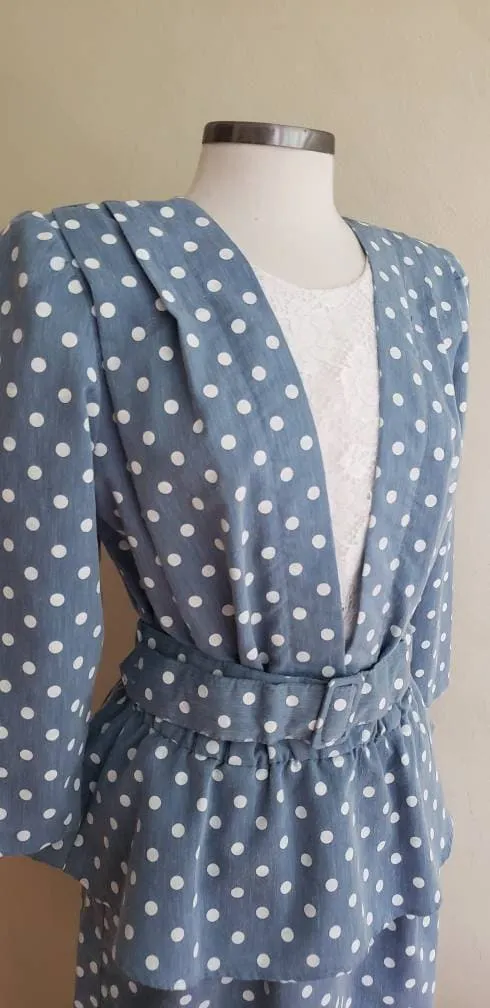 80s Does 40s Blue Polkadot Dress with Peplum   Belt / 80s Summer Dress Baby Blue White Cotton Print Just Ducky / L