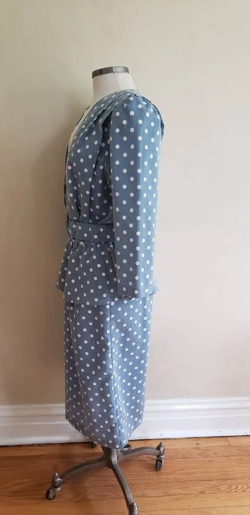 80s Does 40s Blue Polkadot Dress with Peplum   Belt / 80s Summer Dress Baby Blue White Cotton Print Just Ducky / L