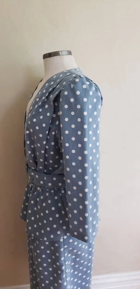 80s Does 40s Blue Polkadot Dress with Peplum   Belt / 80s Summer Dress Baby Blue White Cotton Print Just Ducky / L