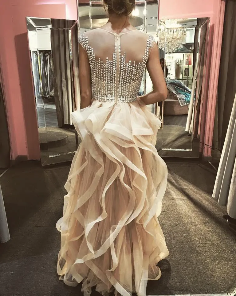 A-Line Jewel Floor-Length Tulle Prom Dress With Beading Ruffles TP0068