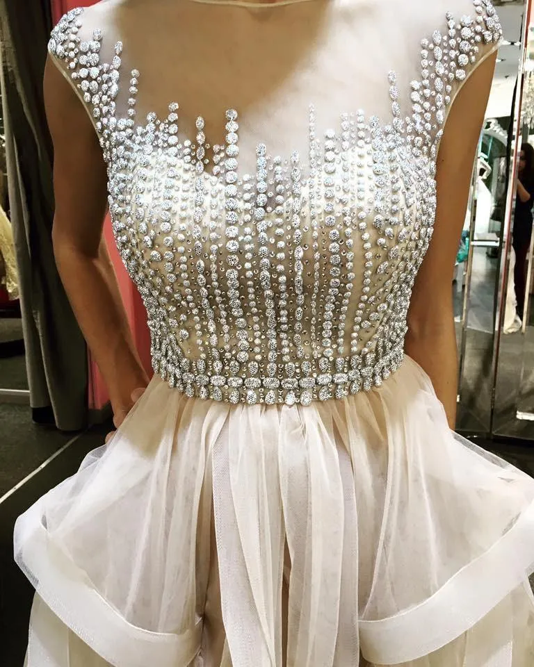 A-Line Jewel Floor-Length Tulle Prom Dress With Beading Ruffles TP0068