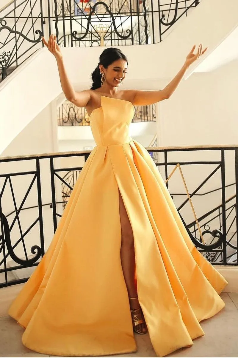 A-line Yellow Prom Gown with High Split Side
