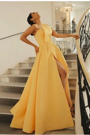 A-line Yellow Prom Gown with High Split Side