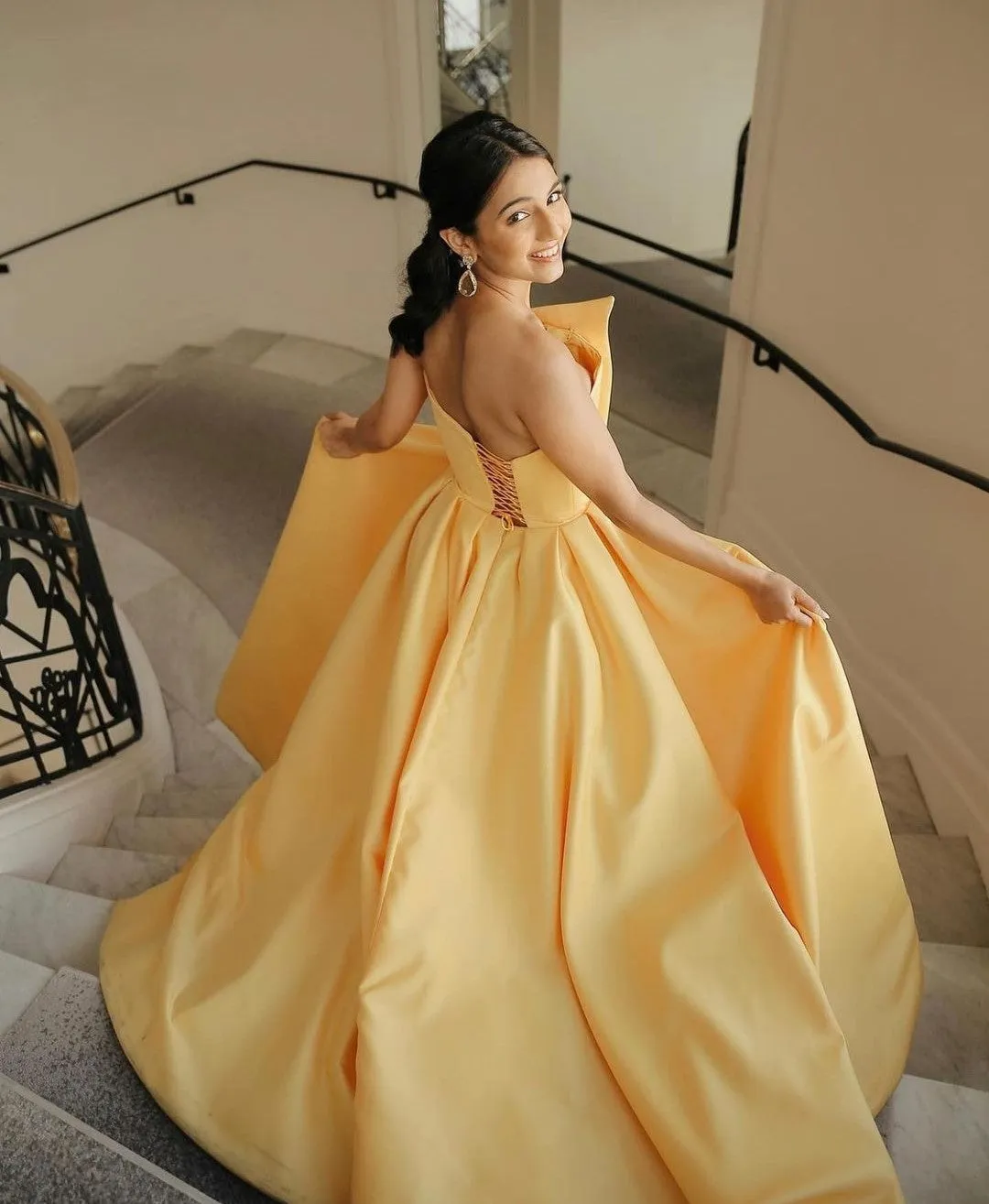 A-line Yellow Prom Gown with High Split Side