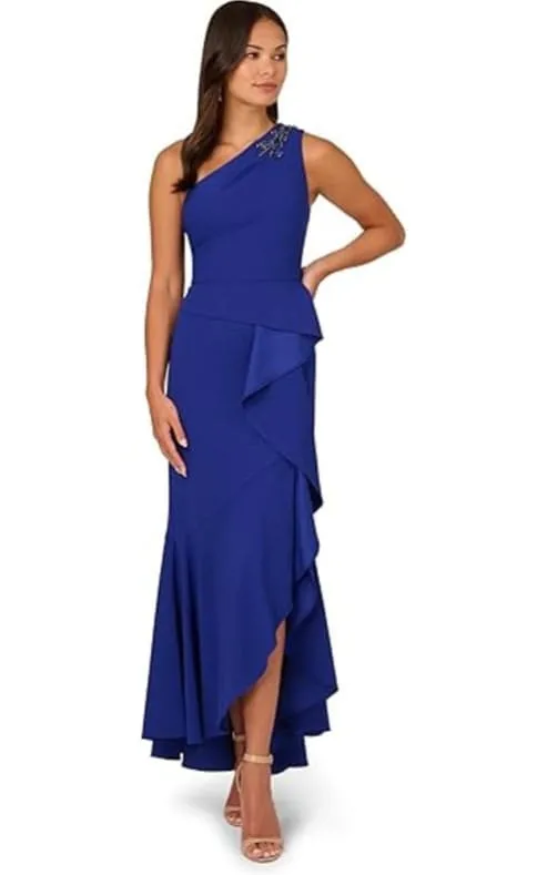 Adrianna Papell- One Shoulder Beaded Knit Dress in Royal Sapphire