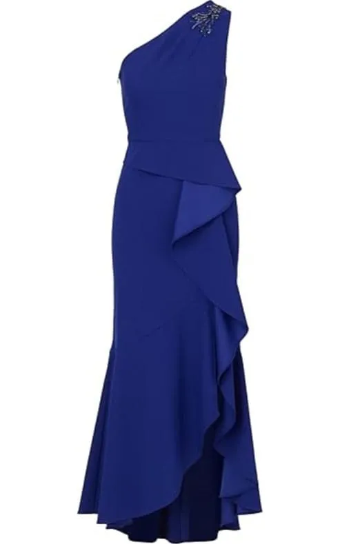 Adrianna Papell- One Shoulder Beaded Knit Dress in Royal Sapphire
