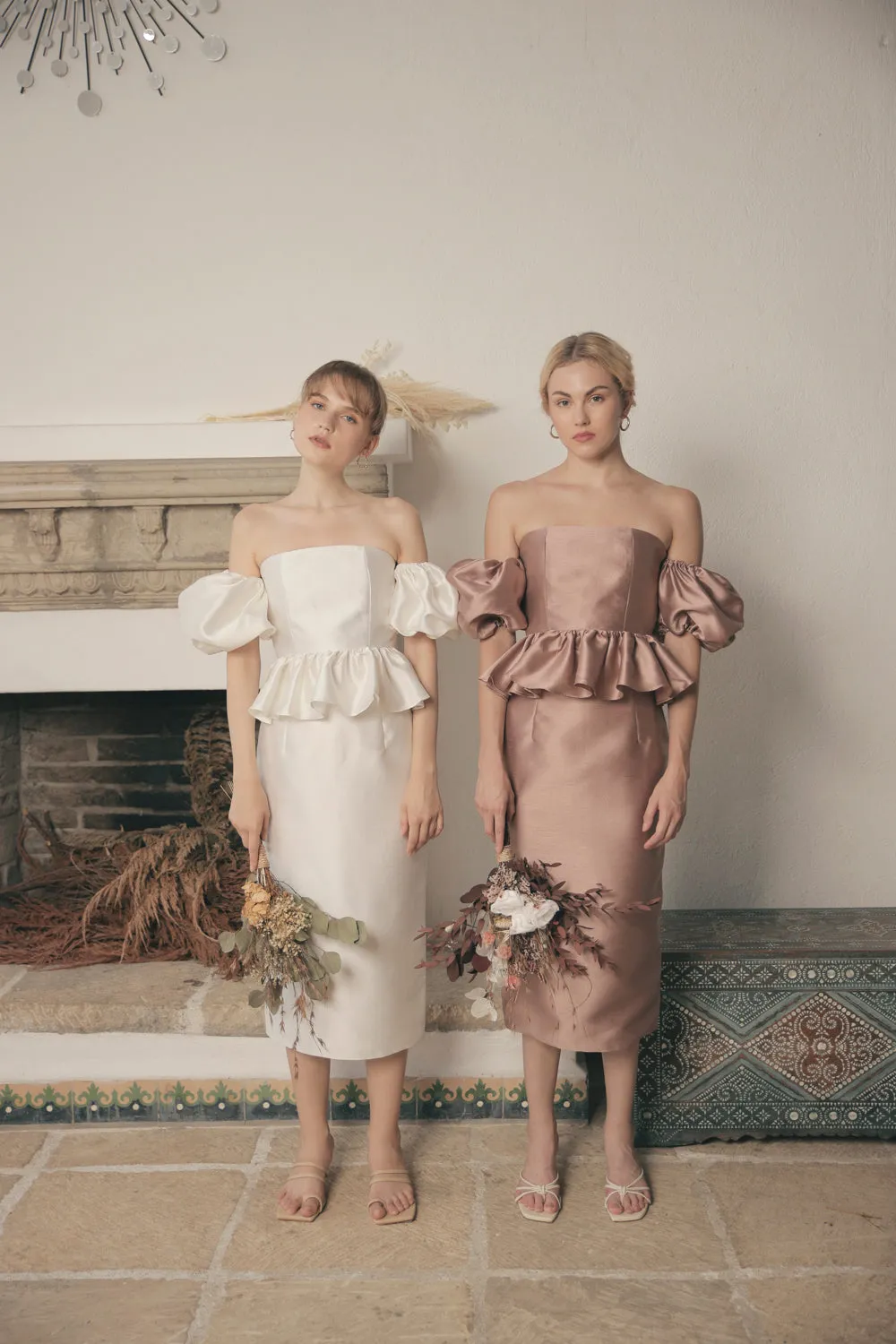 AMELIE Two Piece  Bustier Peplum Top with Removable Puff Sleeves and Pencil Skirt (Taupe Gazaar)