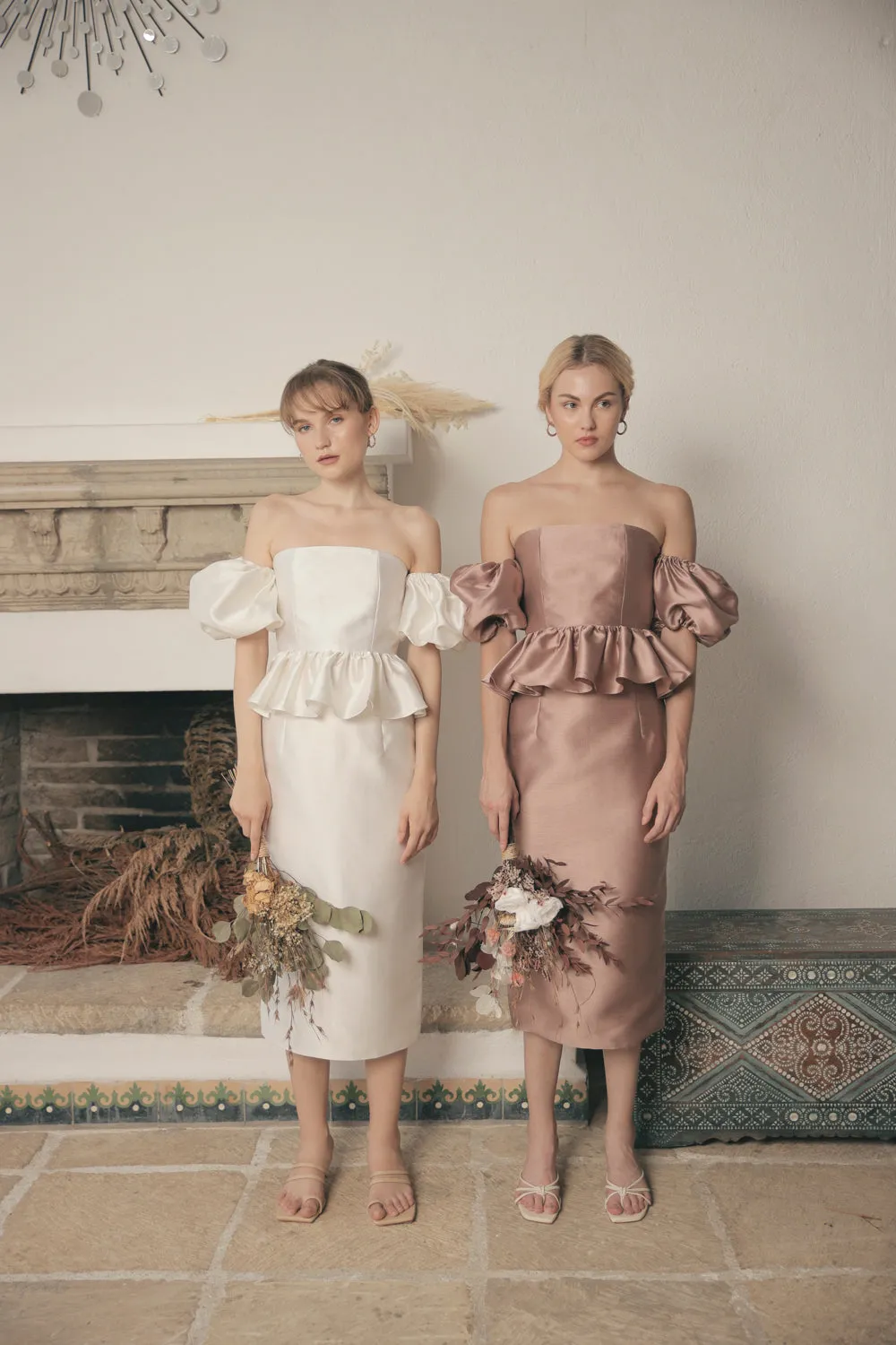 AMELIE Two Piece  Bustier Peplum Top with Removable Puff Sleeves and Pencil Skirt (Taupe Gazaar)