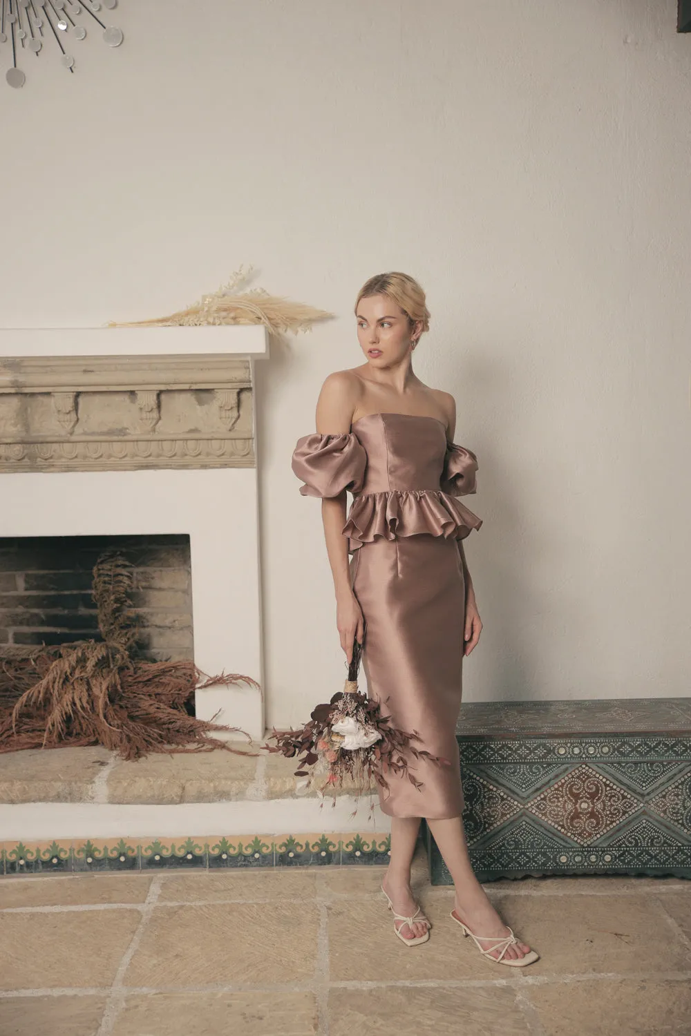 AMELIE Two Piece  Bustier Peplum Top with Removable Puff Sleeves and Pencil Skirt (Taupe Gazaar)