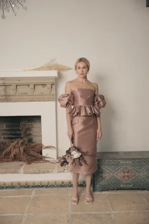 AMELIE Two Piece  Bustier Peplum Top with Removable Puff Sleeves and Pencil Skirt (Taupe Gazaar)
