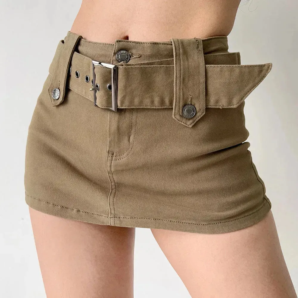 American Retro Wide Waistband Denim Mini Skirt with Belt