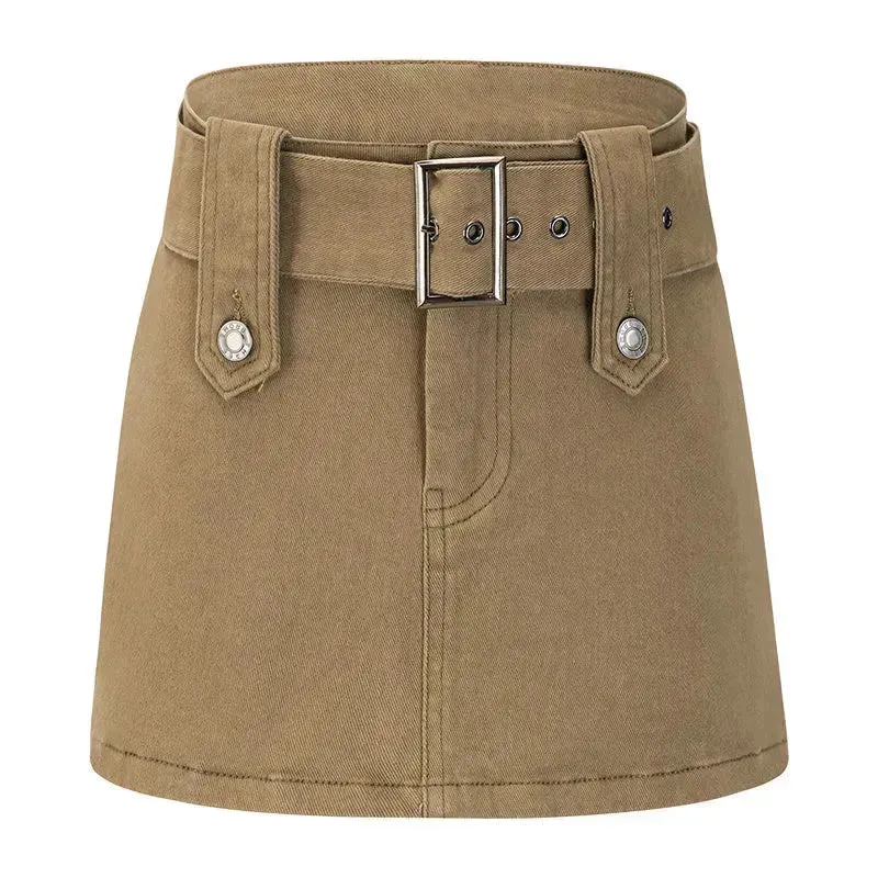 American Retro Wide Waistband Denim Mini Skirt with Belt
