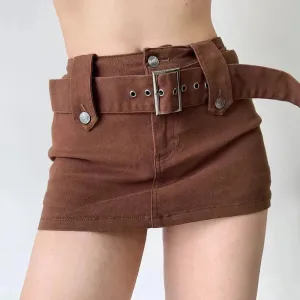 American Retro Wide Waistband Denim Mini Skirt with Belt