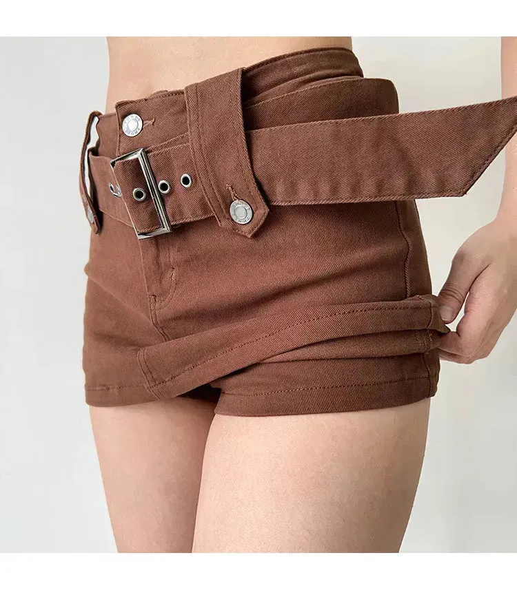 American Retro Wide Waistband Denim Mini Skirt with Belt
