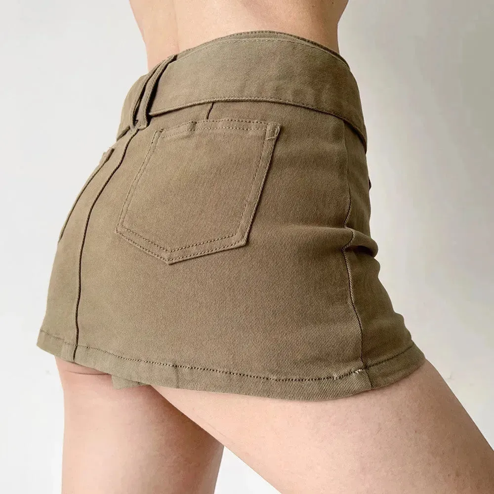 American Retro Wide Waistband Denim Mini Skirt with Belt