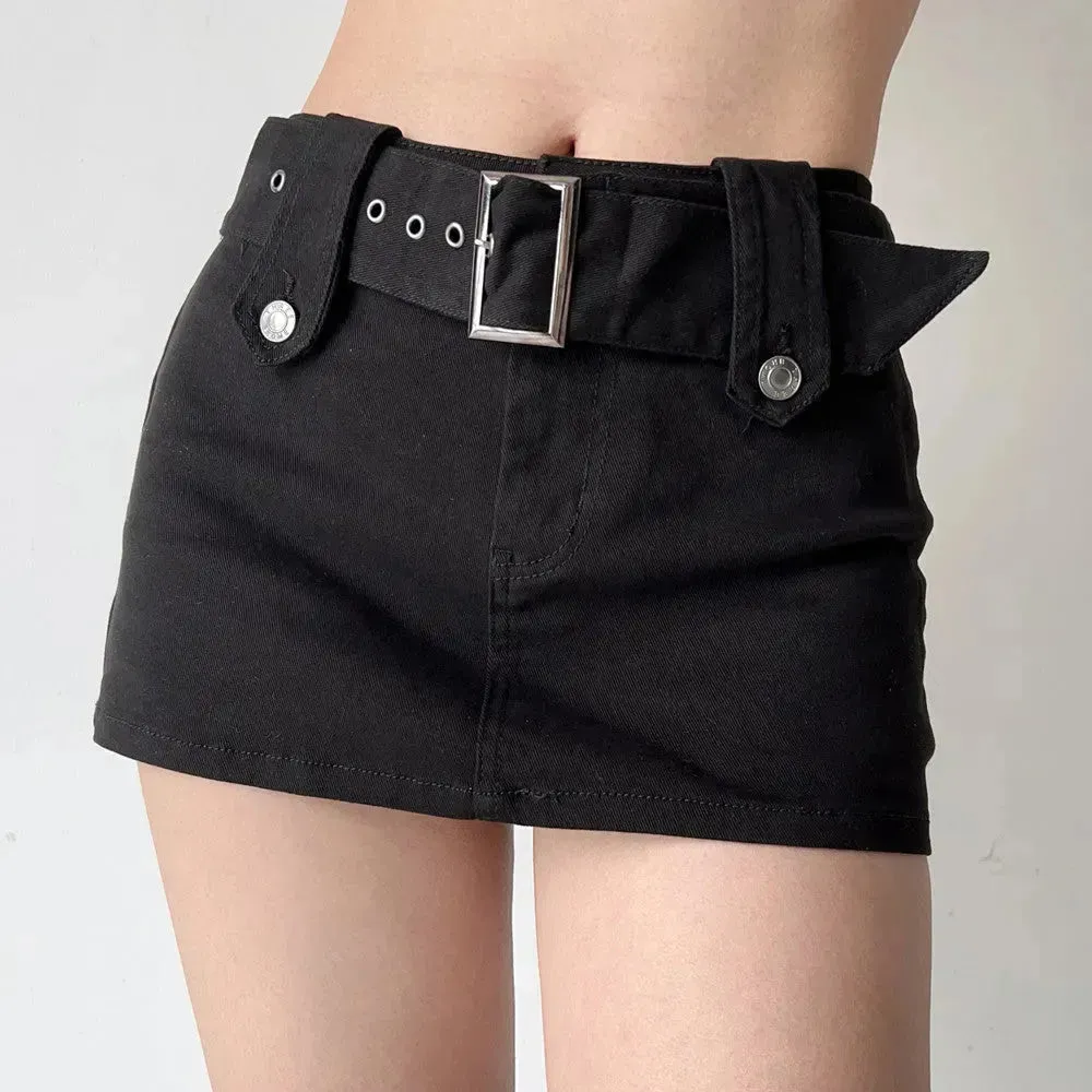 American Retro Wide Waistband Denim Mini Skirt with Belt