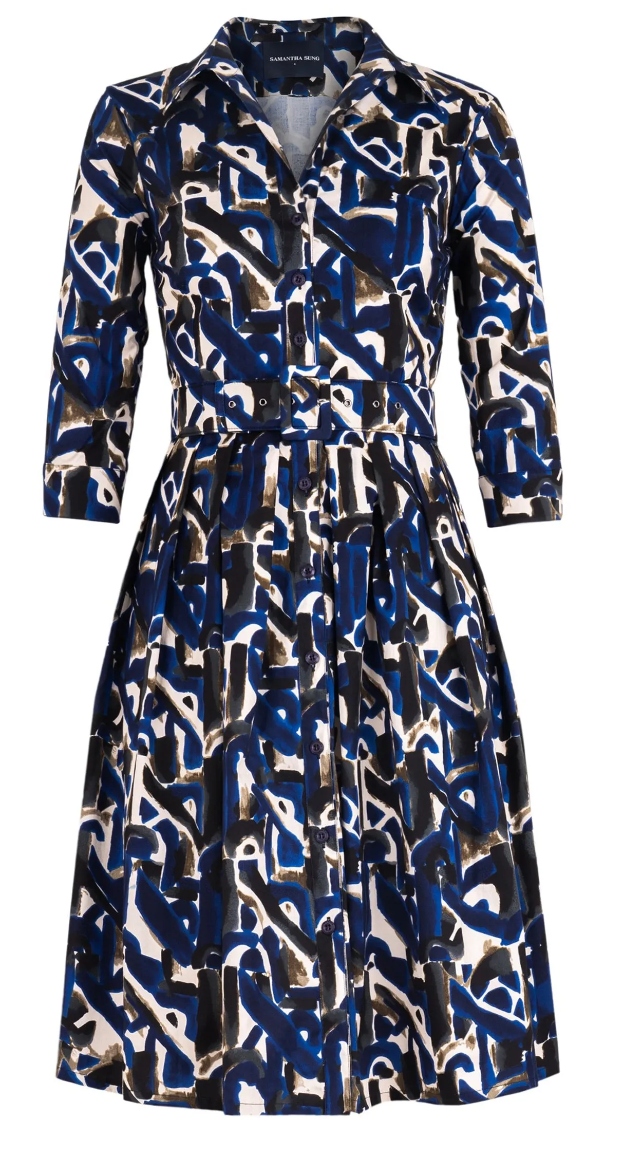 Audrey Dress #1 Shirt Collar 3/4 Sleeve Cotton Stretch (Abstact Motherwell)