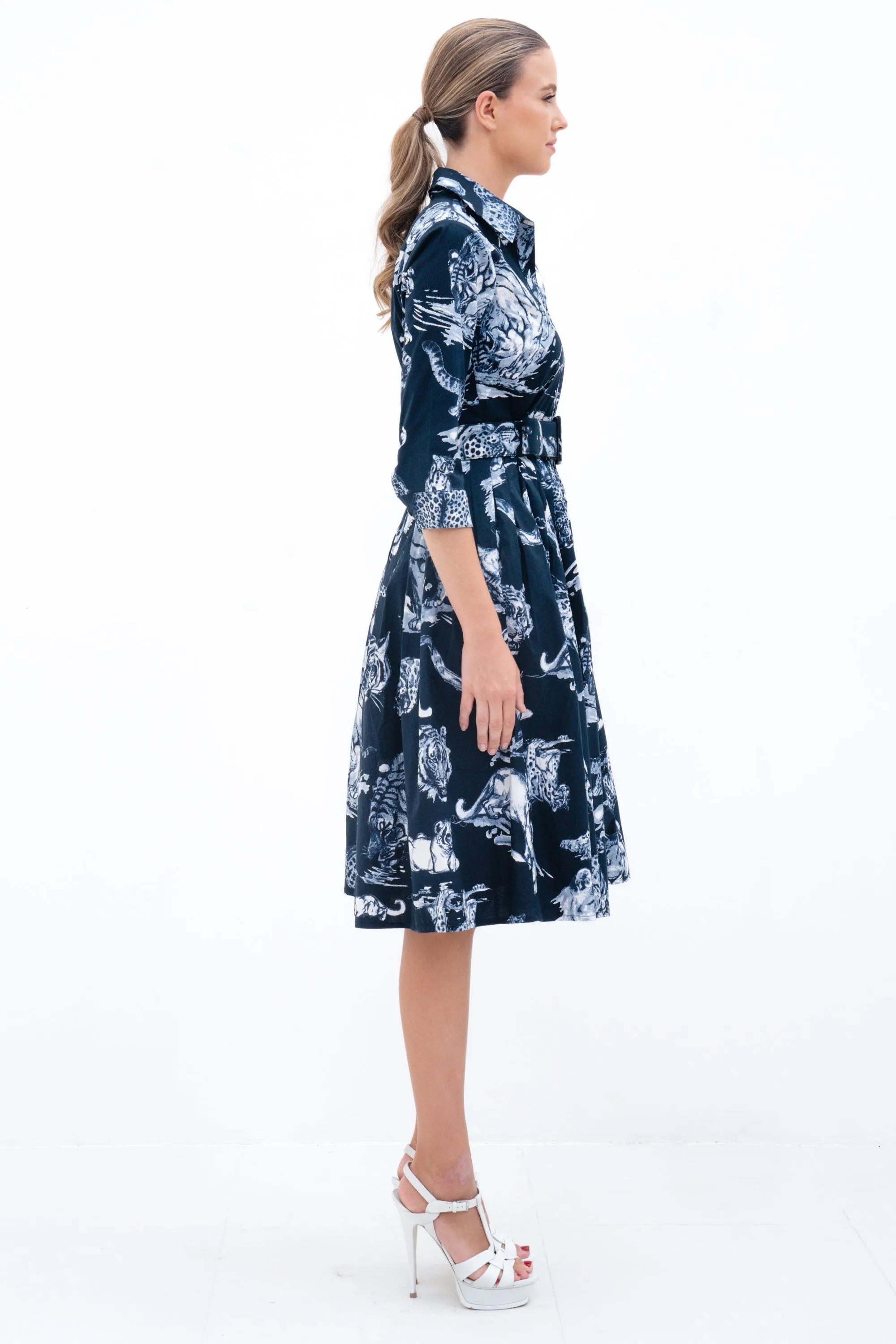 Audrey Dress #2 Shirt Collar 3/4 Sleeve Cotton Stretch (Tiger Toile Multi)