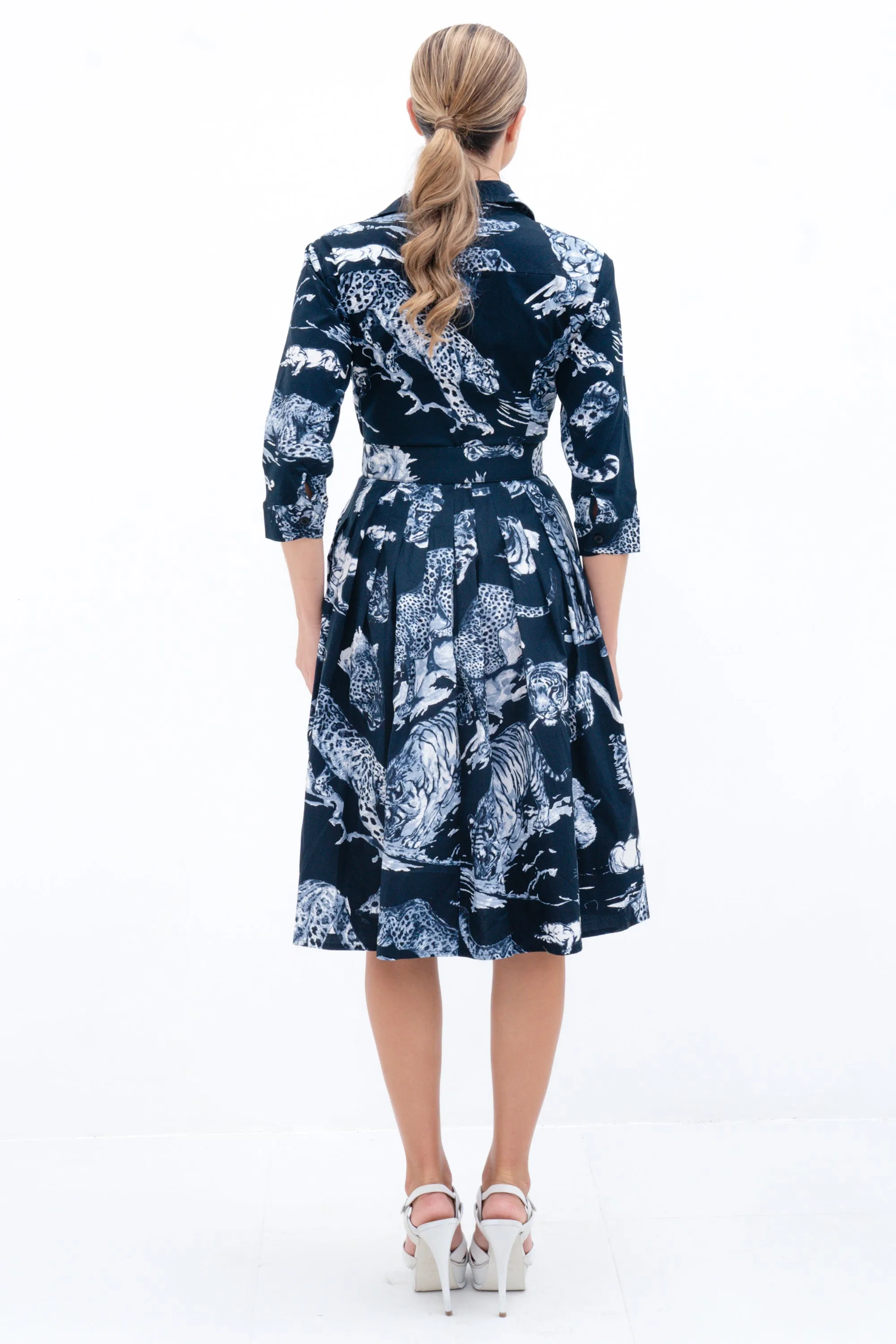 Audrey Dress #2 Shirt Collar 3/4 Sleeve Cotton Stretch (Tiger Toile Multi)