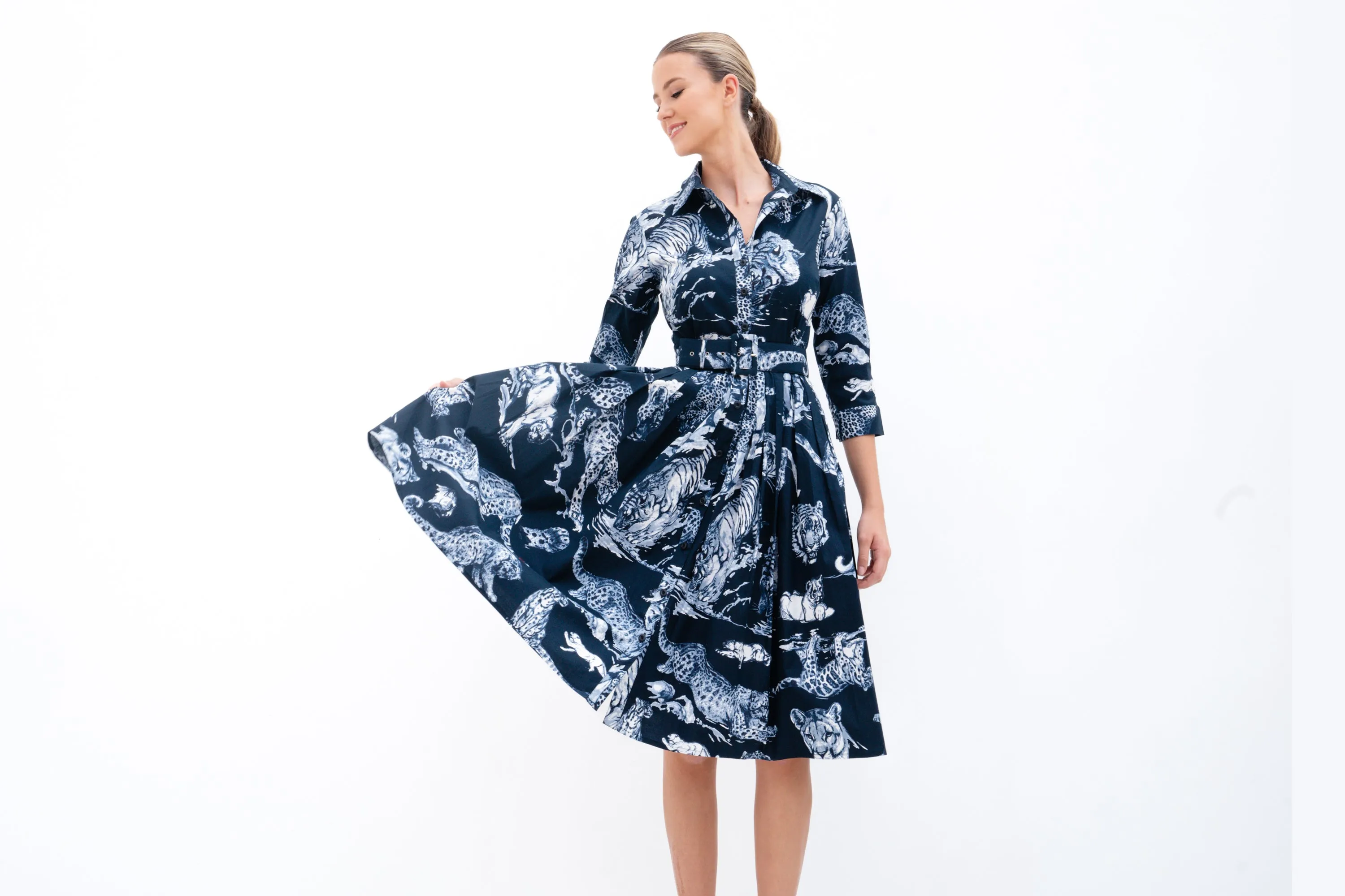 Audrey Dress #2 Shirt Collar 3/4 Sleeve Cotton Stretch (Tiger Toile Multi)