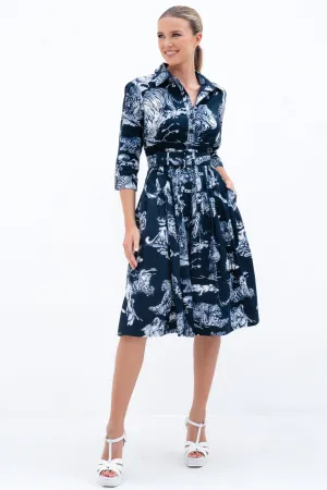Audrey Dress #2 Shirt Collar 3/4 Sleeve Cotton Stretch (Tiger Toile Multi)