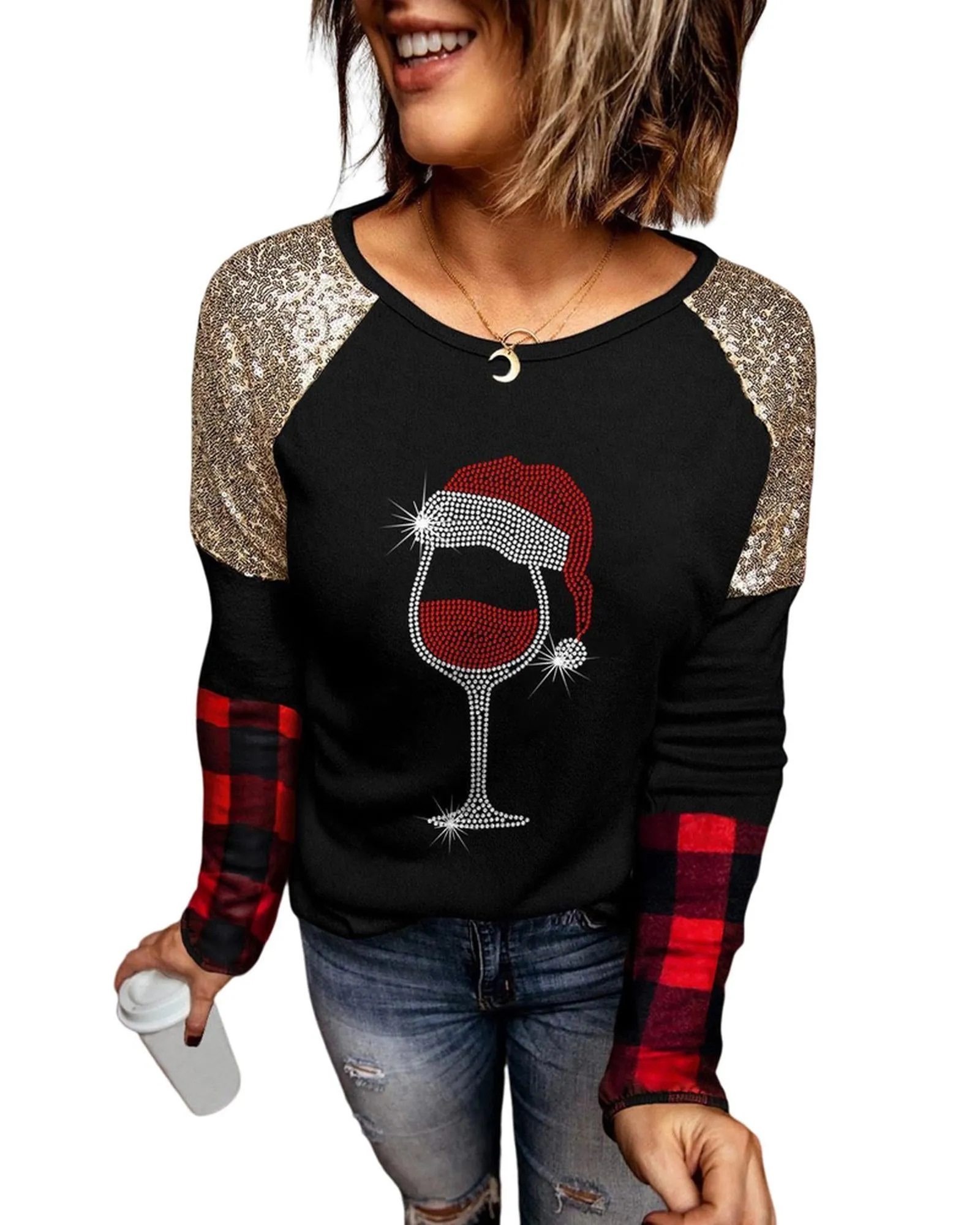 Azura Exchange Glass Print Sequin Plaid Patchwork Top - XL