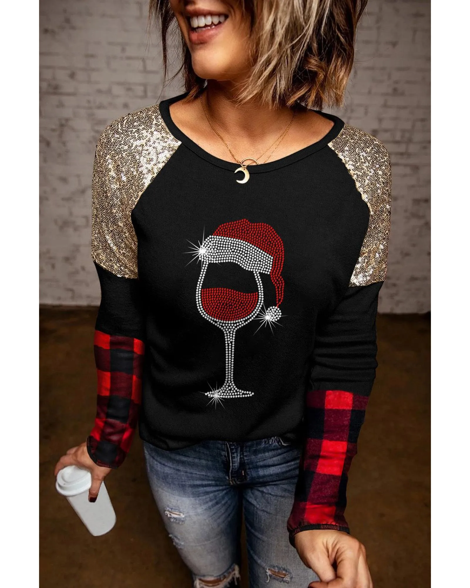 Azura Exchange Glass Print Sequin Plaid Patchwork Top - XL