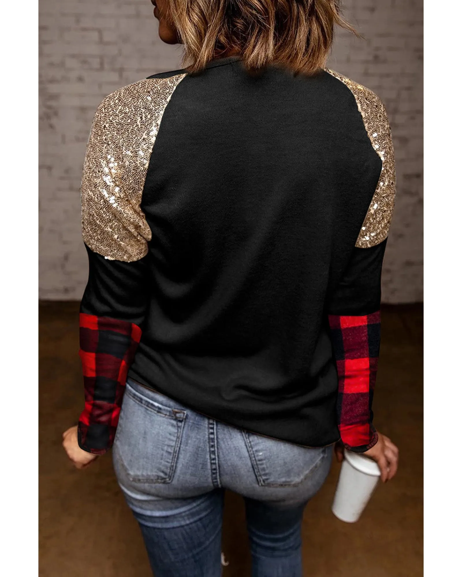 Azura Exchange Glass Print Sequin Plaid Patchwork Top - XL