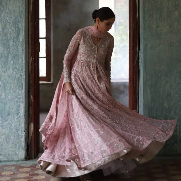 Baby Pink Net Lehenga Frock Pakistani Bridal Dresses