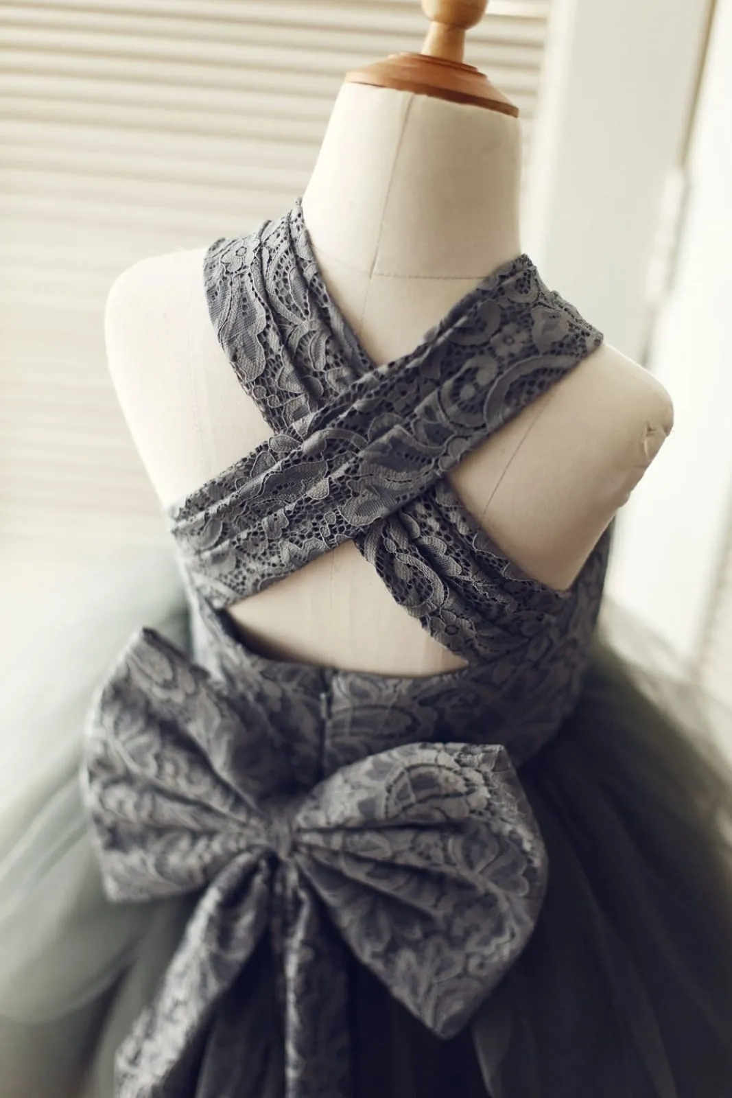 Backless Gray Lace Tulle Flower Girl Dress, Big Bow