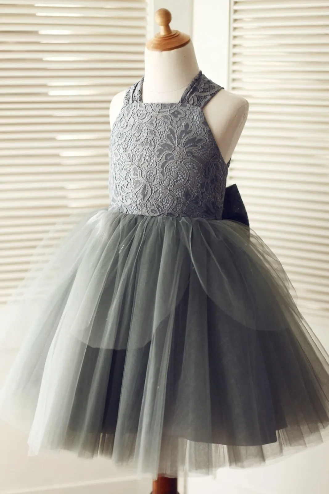 Backless Gray Lace Tulle Flower Girl Dress, Big Bow
