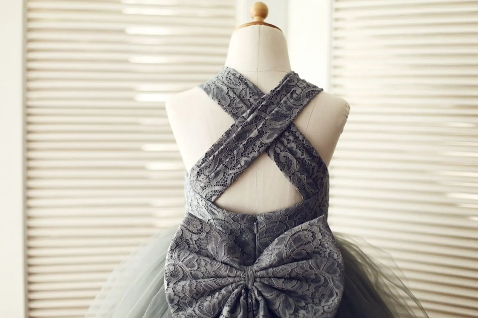 Backless Gray Lace Tulle Flower Girl Dress, Big Bow