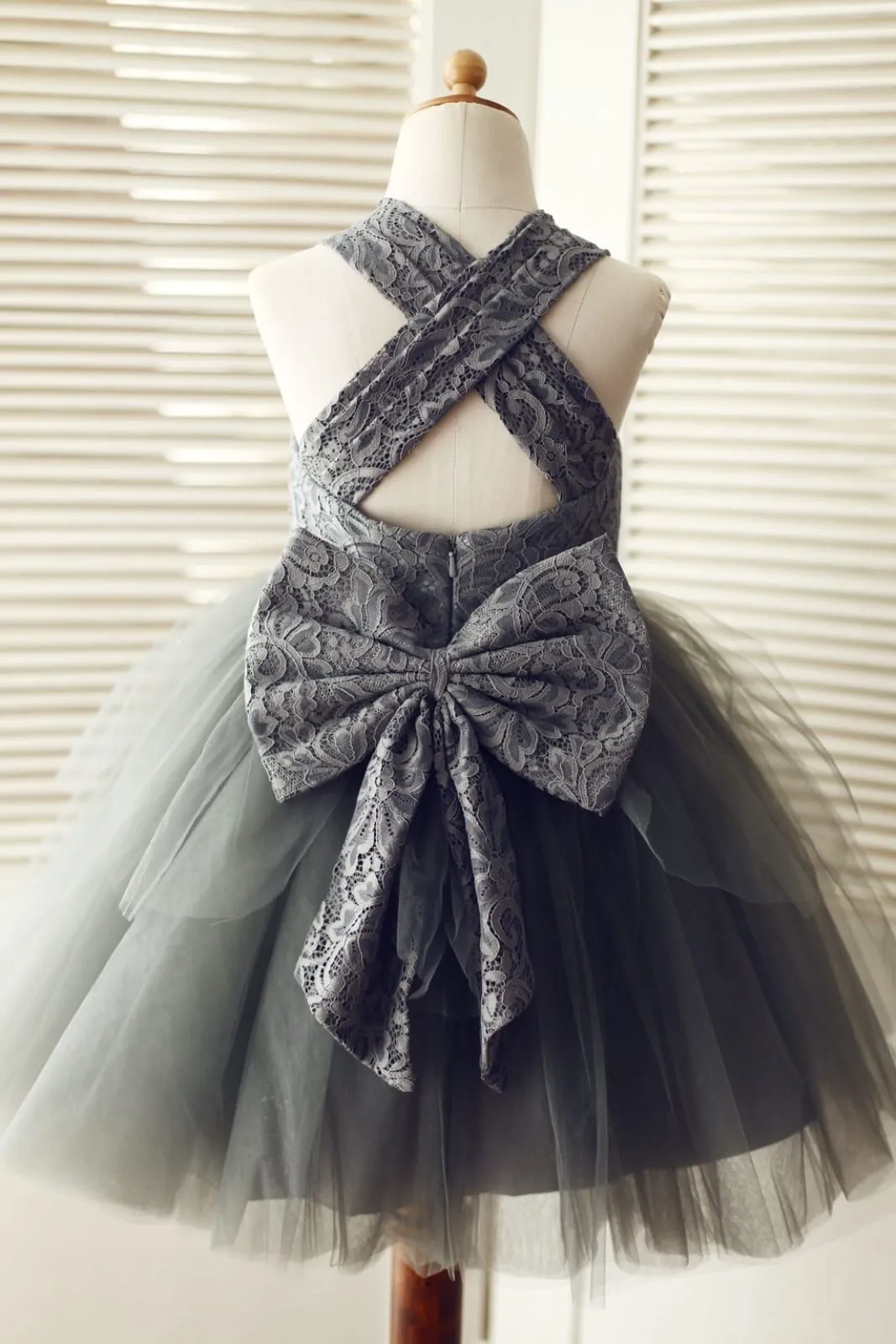 Backless Gray Lace Tulle Flower Girl Dress, Big Bow