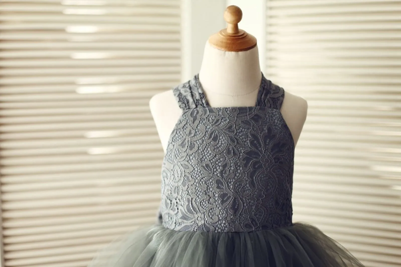 Backless Gray Lace Tulle Flower Girl Dress, Big Bow