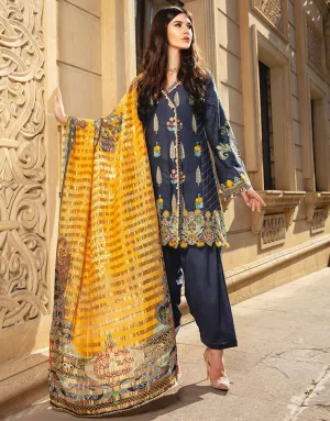 Beautiful embroidered Indian linen outfit in dark blue color # P2409