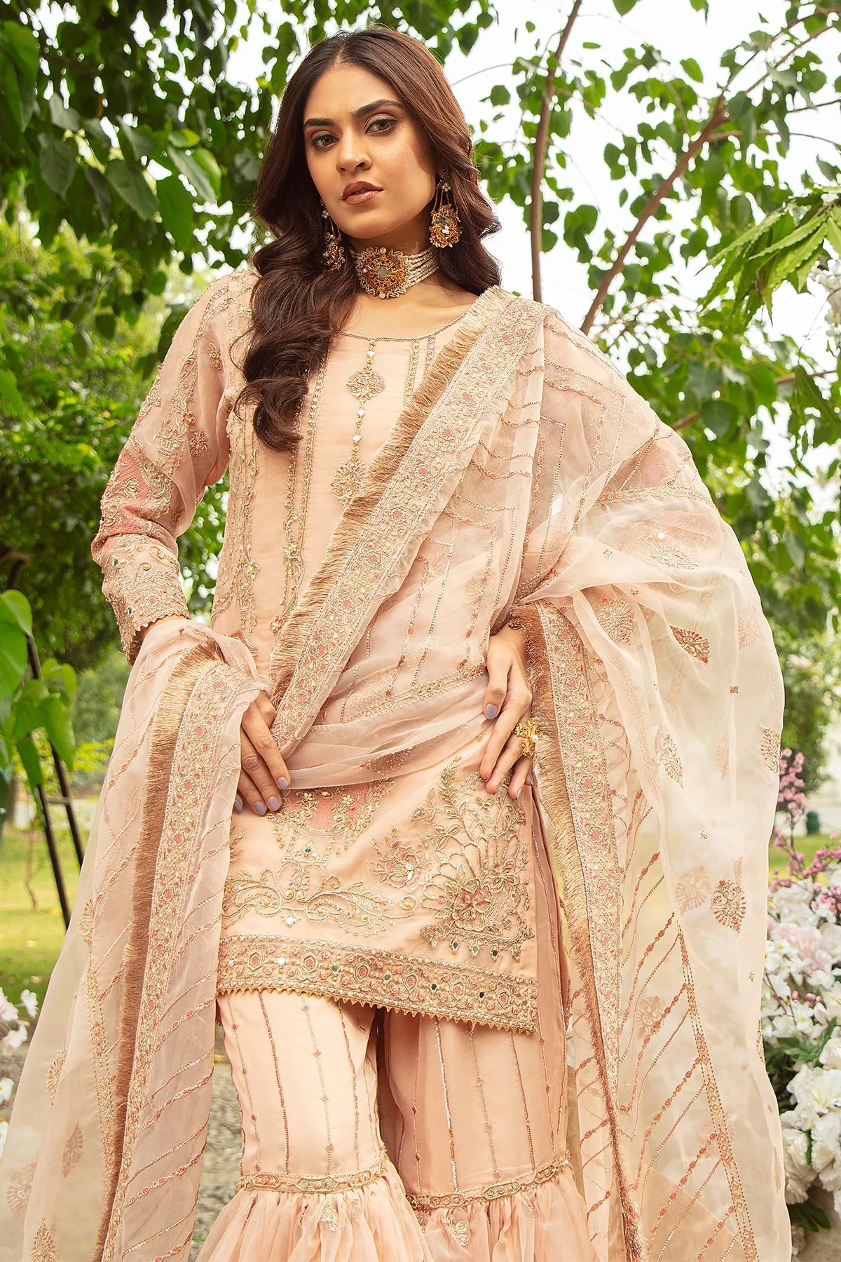 Beige Peach Heavily Embellished Kameez Sharara Pakistani Wedding Dress