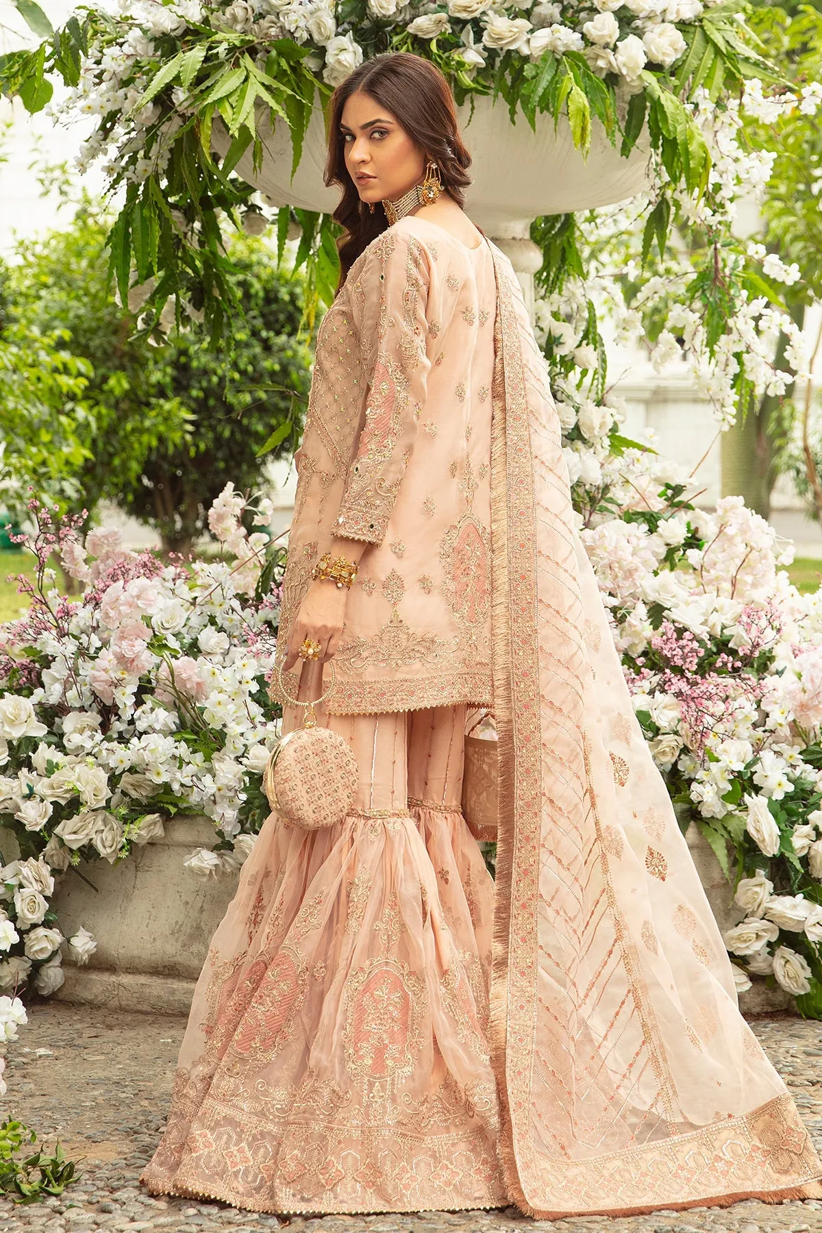 Beige Peach Heavily Embellished Kameez Sharara Pakistani Wedding Dress