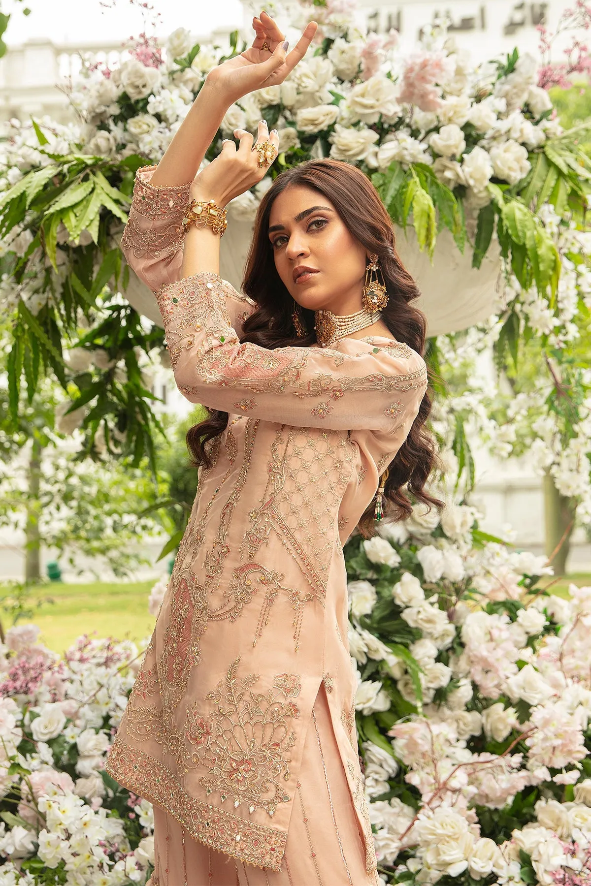 Beige Peach Heavily Embellished Kameez Sharara Pakistani Wedding Dress