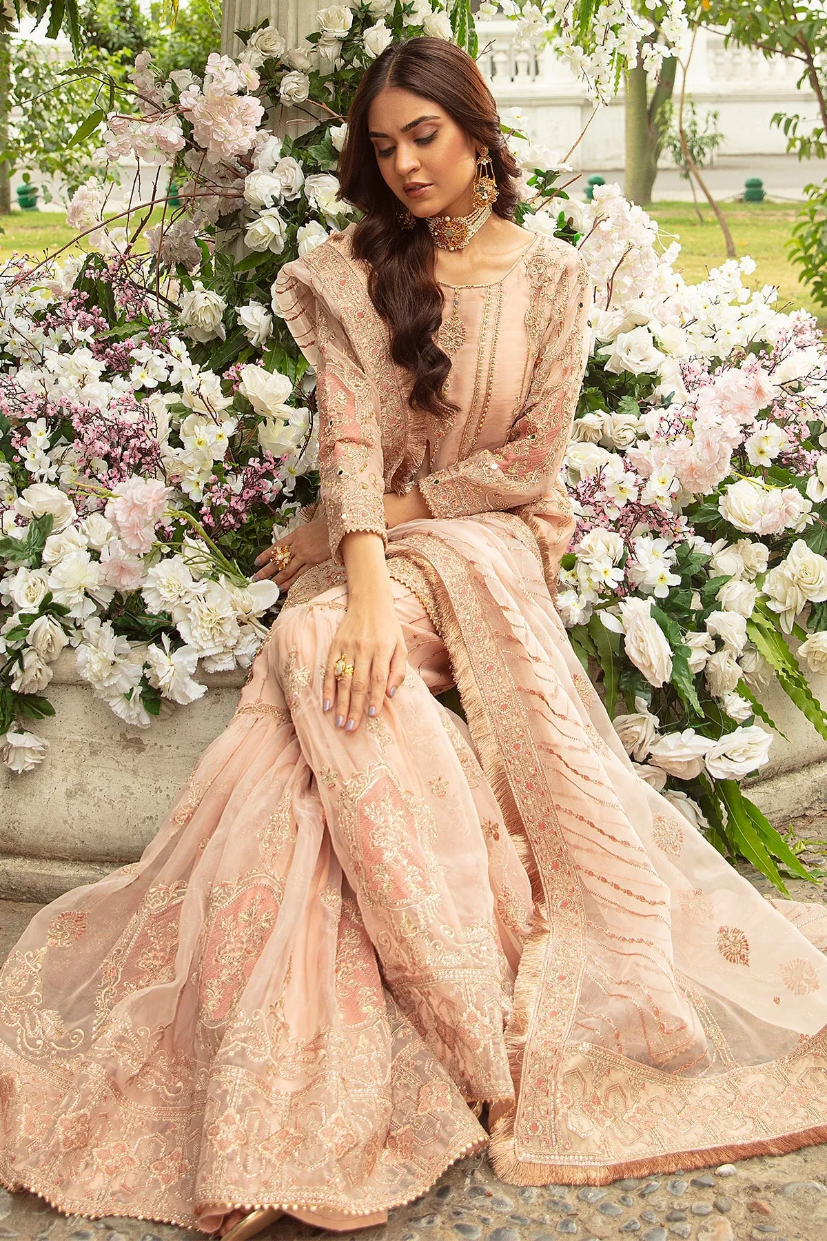 Beige Peach Heavily Embellished Kameez Sharara Pakistani Wedding Dress