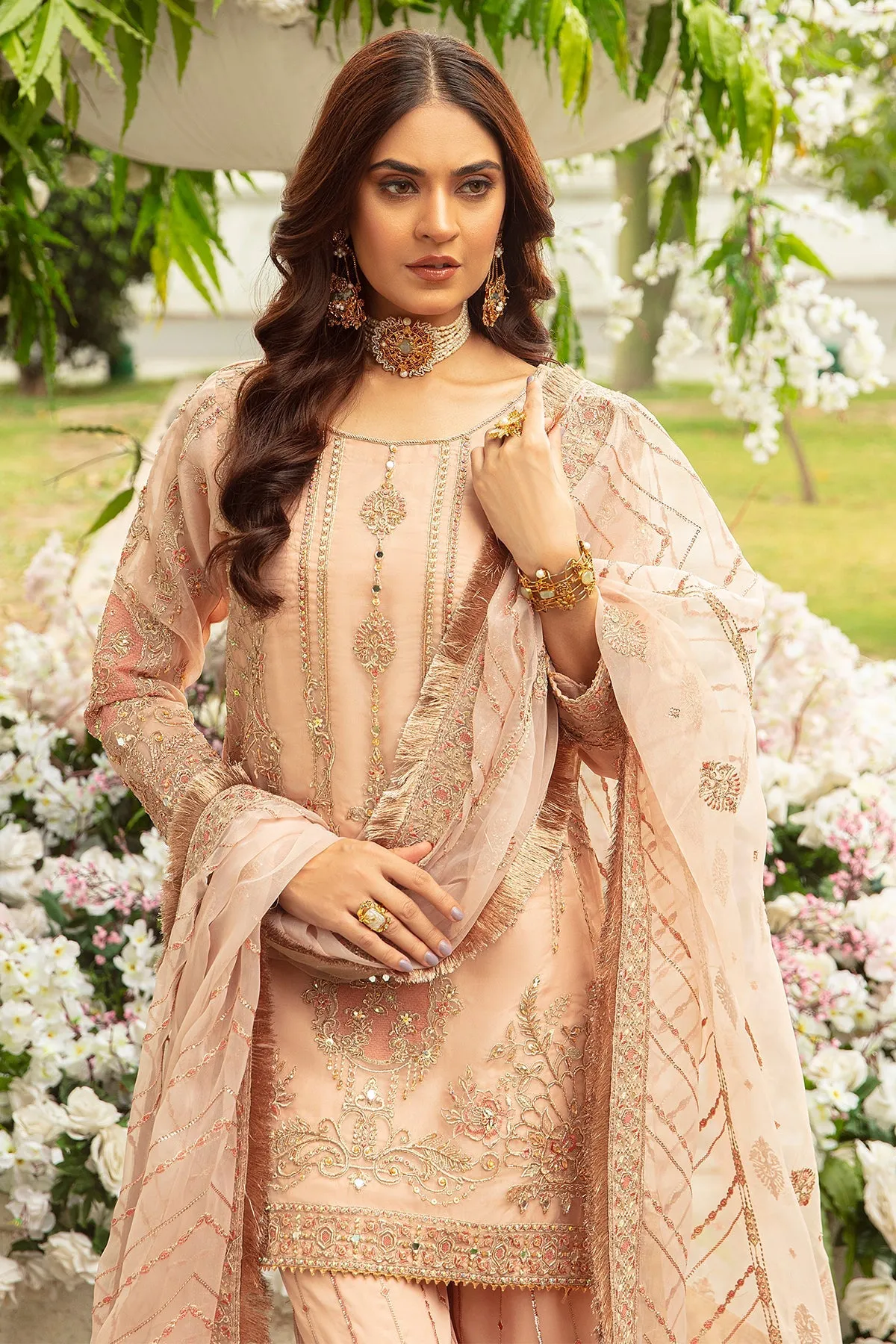 Beige Peach Heavily Embellished Kameez Sharara Pakistani Wedding Dress
