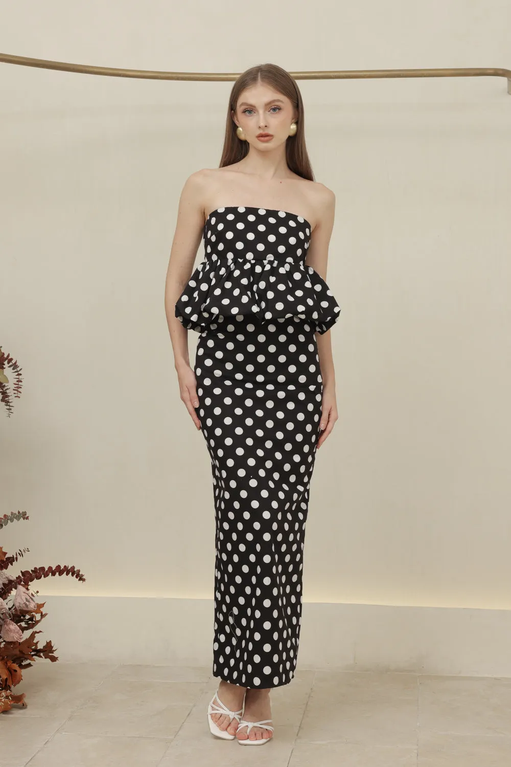 BIJOU DRESS Strapless Peplum Top and Pencil Skirt (Black Polkatdot)